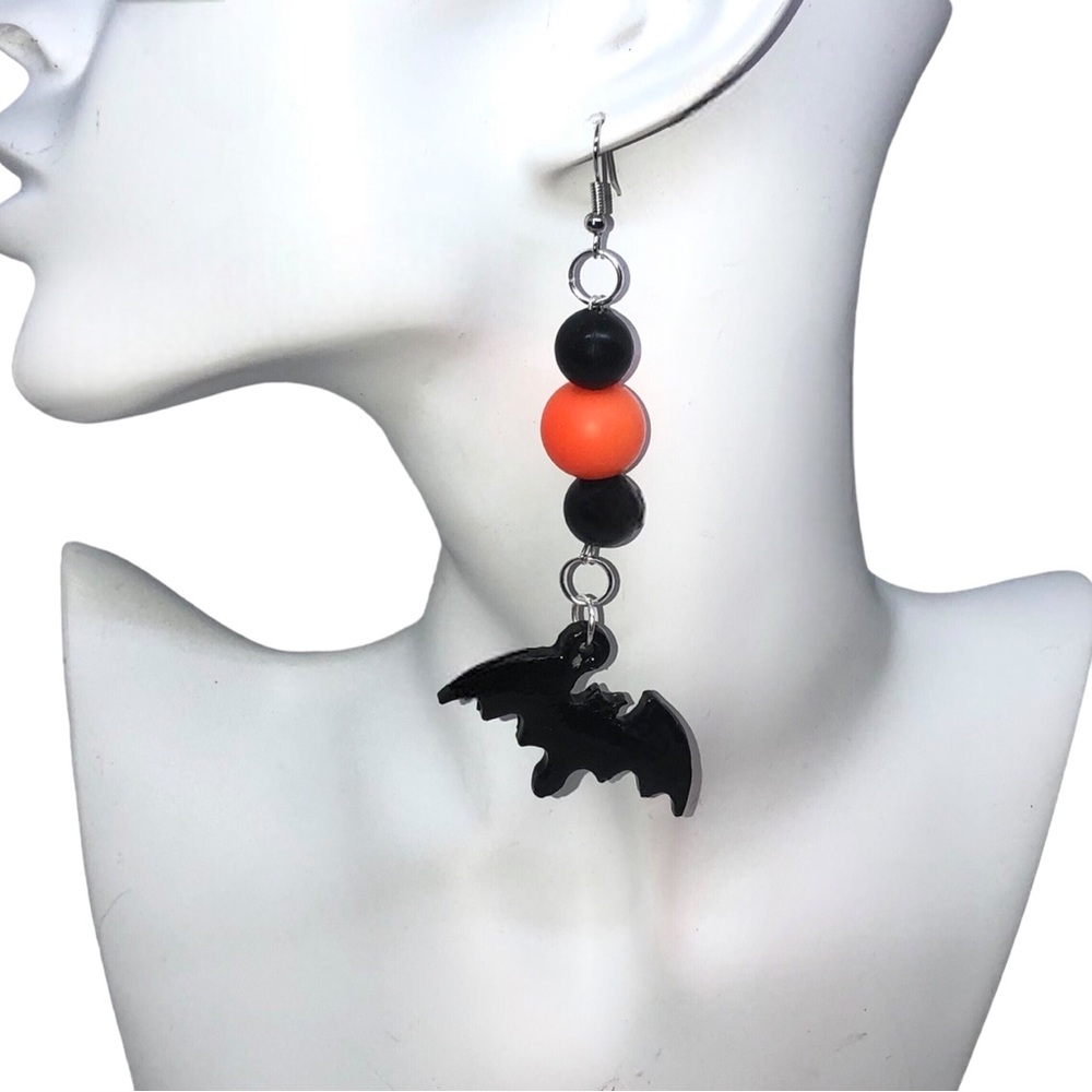 Dangle Drop Earrings Orange & Black Beads Black Bat Earrings NEW